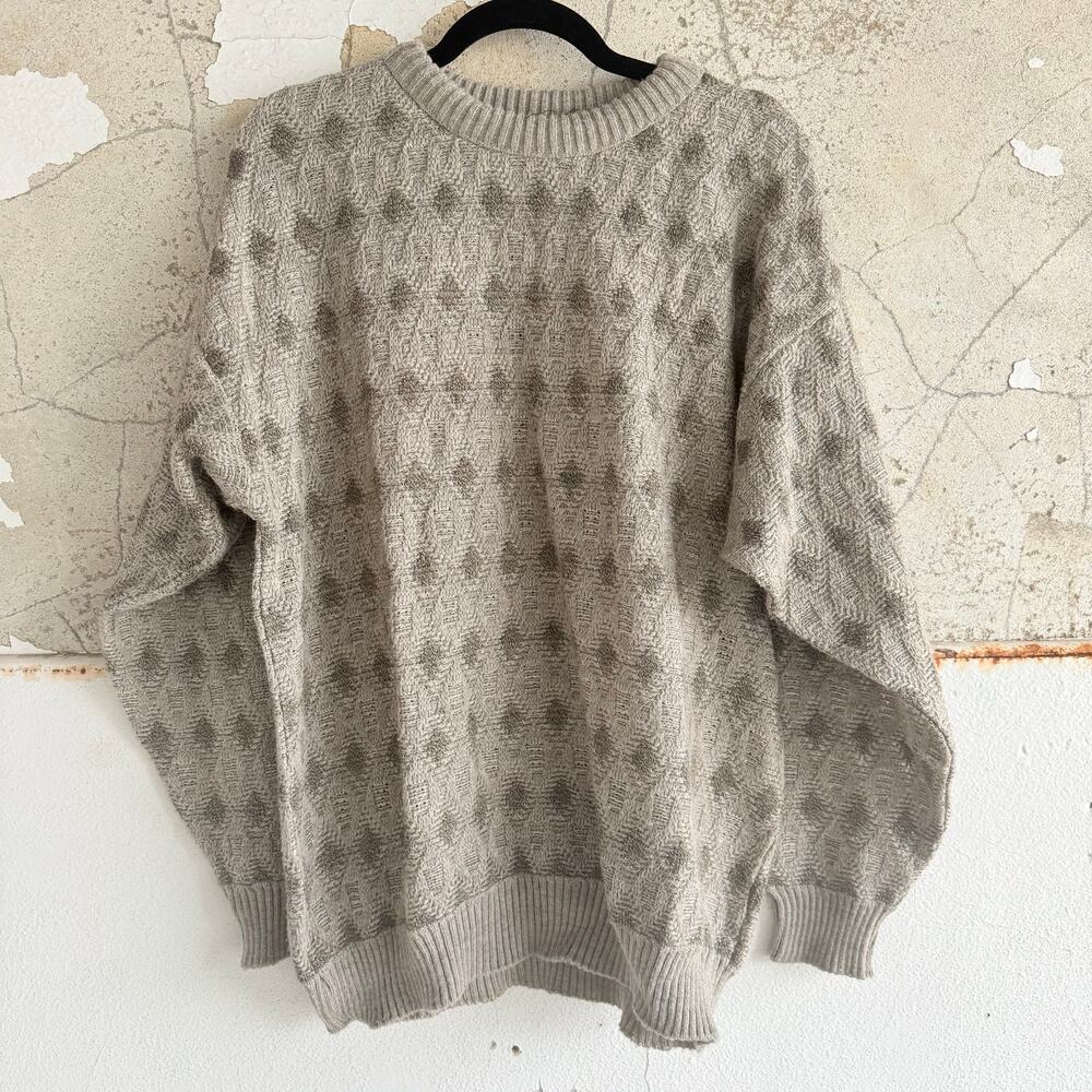 Vtg 90s Sweater Jantzen Textured Knit Men XL Neutral Beige Geometric Dad Sweater